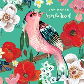 Verjaardagskaart vogel op tak en bloemen turquoise