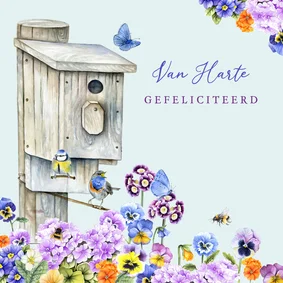 Verjaardagskaart vogelhuis bloemen vogels