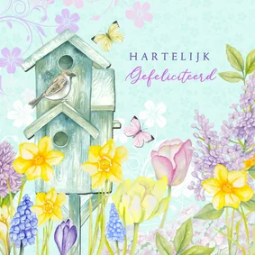 Verjaardagskaart vogelhuis bloemen