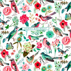 Verjaardagskaart vogels pattern botanisch bloemen