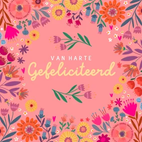 Verjaardagskaart vrolijk met bloemen in roze