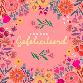 Verjaardagskaart vrolijk met bloemen in roze
