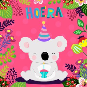 Verjaardagskaart vrolijke koala met taartje
