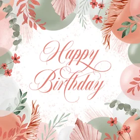 Verjaardagskaart vrouw bloemen ballonnen happy birthday