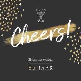 Verjaardagskaart vrouw goud cheers hartjes