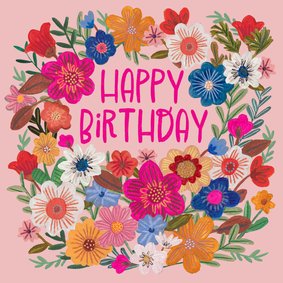 Verjaardagskaart vrouw 'happy birthday' bloemen vrolijk