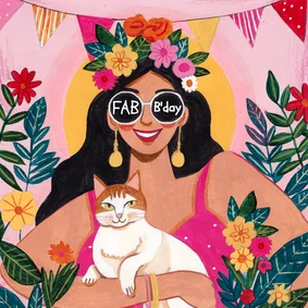 Verjaardagskaart vrouw kat bloemen zomer