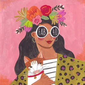 Verjaardagskaart vrouw kat bloemen zonnebril illustratie