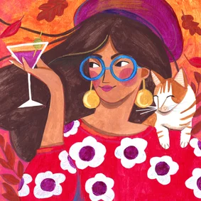 Verjaardagskaart vrouw kat feest illustratie