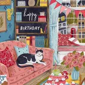 Verjaardagskaart vrouw kat op de bank in Londen