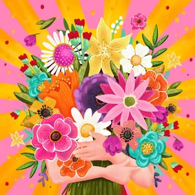 Verjaardagskaart vrouw met boeket bloemen roze met zon