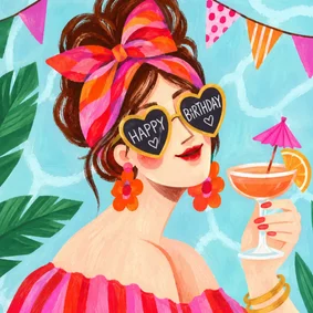 Verjaardagskaart vrouw met cocktail Happy Birthday zonnebril