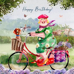 Verjaardagskaart vrouw met hond op de fiets