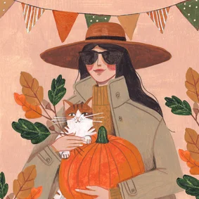 Verjaardagskaart vrouw met kat en pompoen in de herfst