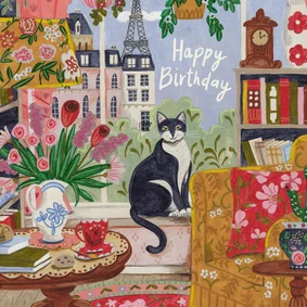 Verjaardagskaart vrouw poes in het raam in Parijs