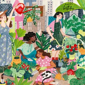 Verjaardagskaart vrouw tuinieren natuur illustratie