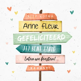 Verjaardagskaart wegwijzers hip vrolijk kleuren foto