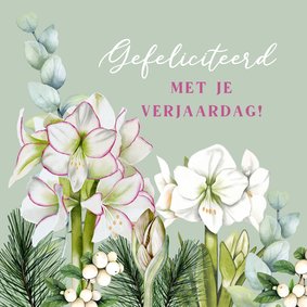 Verjaardagskaart witte amaryllisbloemen eucalyptus