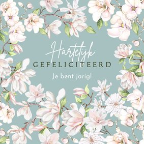 Verjaardagskaart witte en roze bloesemtakken 