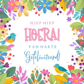 Verjaardagskaart zomers botanisch kleurrijk met vogels