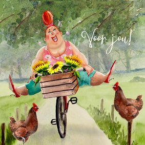 Verjaardagskaart zonnebloemen op de fiets