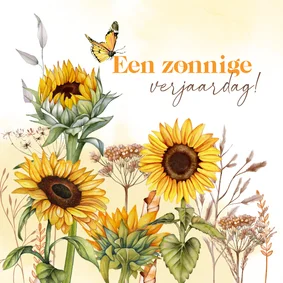 Verjaardagskaart zonnebloemen vlinder
