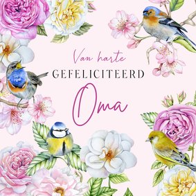 Verjaardagskaartje bloemen in bloei en vogeltjes 