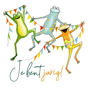 Verjaardagskaartje kikkers met vlaggetjes