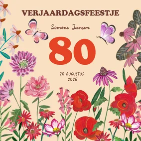 Verjaardagsuitnodiging bloemen 80 jaar kleurrijk feest