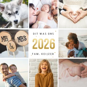 Vierkante fotocollage terugblik 2026 kerstkaart met 8 foto's