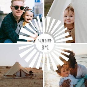 Vierkante fotocollage vakantiekaart met 4 foto's en zonnetje