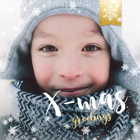 Vierkante kerstkaart met grote foto en rand met sneeuw