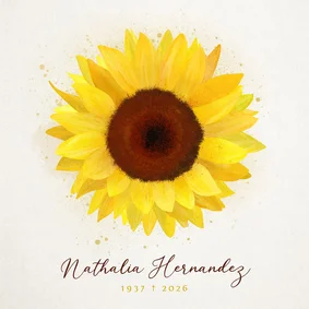 Vierkante rouwkaart met grote illustratie van zonnebloem