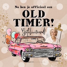 Vintage verjaardagskaart oldtimer cadillac ballon goud foto