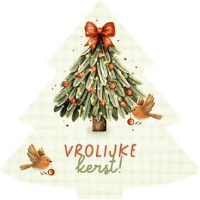 Vrolijk kerstkaartje kerstboom met roodborstjes