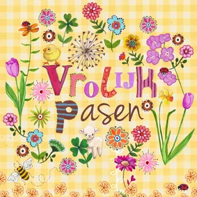 Vrolijk Pasen Letters Bloemen Kuiken