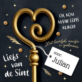 Vrolijk Sinterklaas kaartje met staf in de vorm van een hart