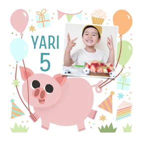 Vrolijk verjaardagskaartje met feestvarken en foto