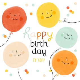 Vrolijk verjaardagskaartje met smiley ballonnen en confetti