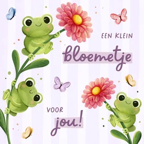Vrolijk wenskaartje met bloemen kikkers en vlindertjes