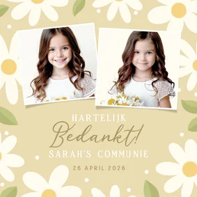 Vrolijke bedankkaart eerste communie witte bloemetjes