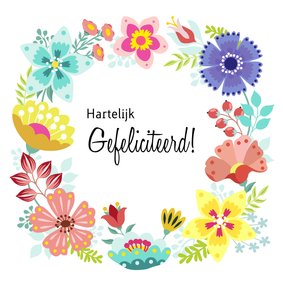 Vrolijke en kleurrijke verjaardagskaart met bloemenkrans