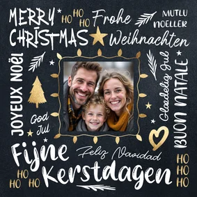 Vrolijke foto kerstkaart zwart goud 2026 internationaal