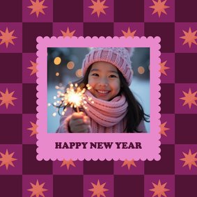 Vrolijke foto nieuwjaarskaart blokjespatroon met sterren