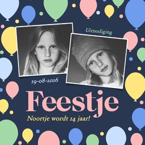 Vrolijke fotokaart uitnodigingen blauw met ballonnen kader