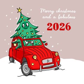 Vrolijke kerstboom in oldtimer eend