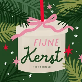 Vrolijke kerstkaart cadeau strik sterren roze groen