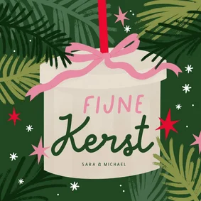 Vrolijke kerstkaart cadeau strik sterren roze groen