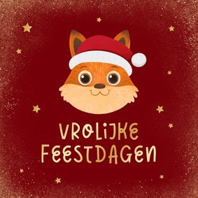 Vrolijke kerstkaart dieren vos kerstmuts sterren goud