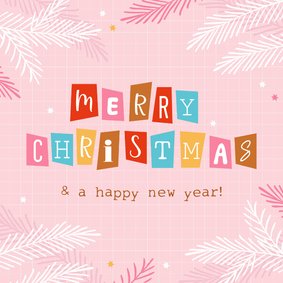 Vrolijke kerstkaart merry christmas roze en letters